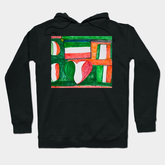 Italia flag surrounded by a love heart two squares ,two circles coloured background Hoodie by PodmenikArt